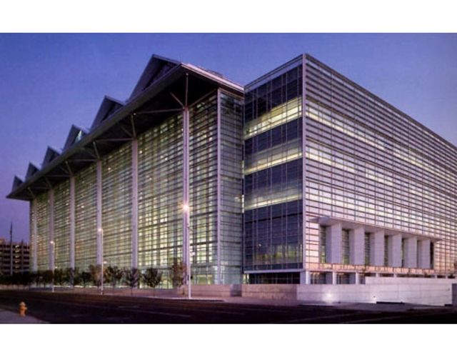 Modern courthouse architecture at twilight